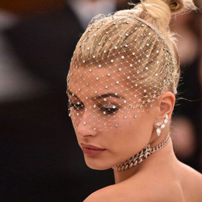 White Headband with Crystal and Black Face Net