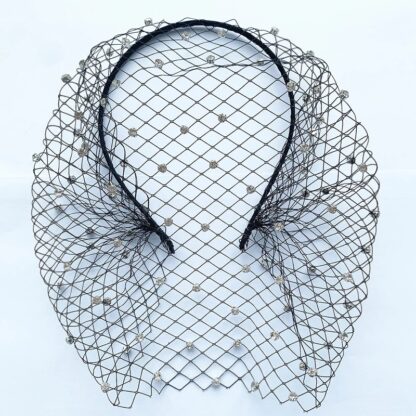 White Headband with Crystal and Black Face Net - Image 3