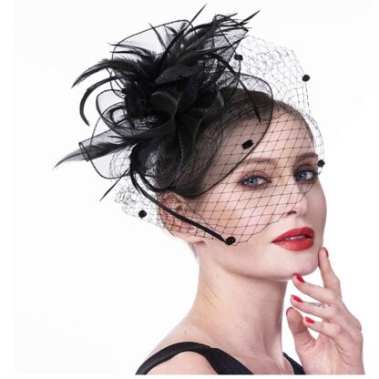 Glamorous Cap with Net and Feather - Image 3