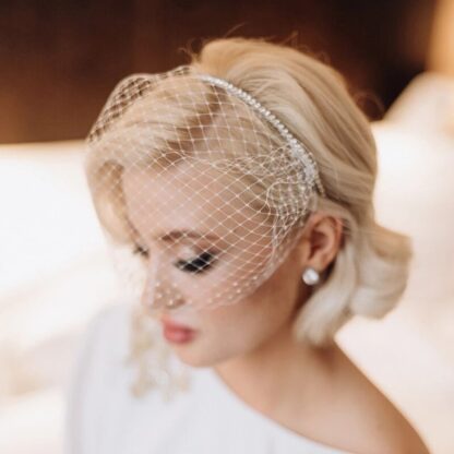 White Headband with Crystal and Black Face Net - Image 2